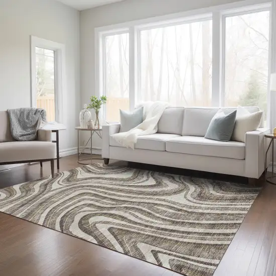 Brown Ivory And Taupe Abstract Washable Indoor Outdoor Area Rug Photo 8