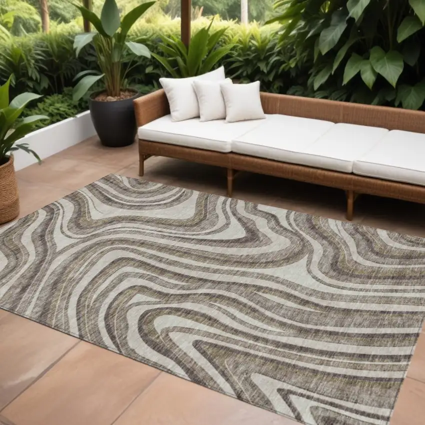 Brown Ivory And Taupe Abstract Washable Indoor Outdoor Area Rug Photo 1