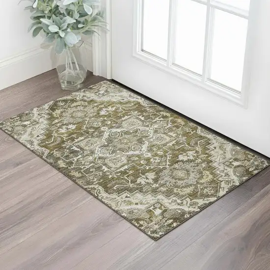 Brown Ivory And Taupe Floral Medallion Washable Area Rug With UV Protection Photo 1