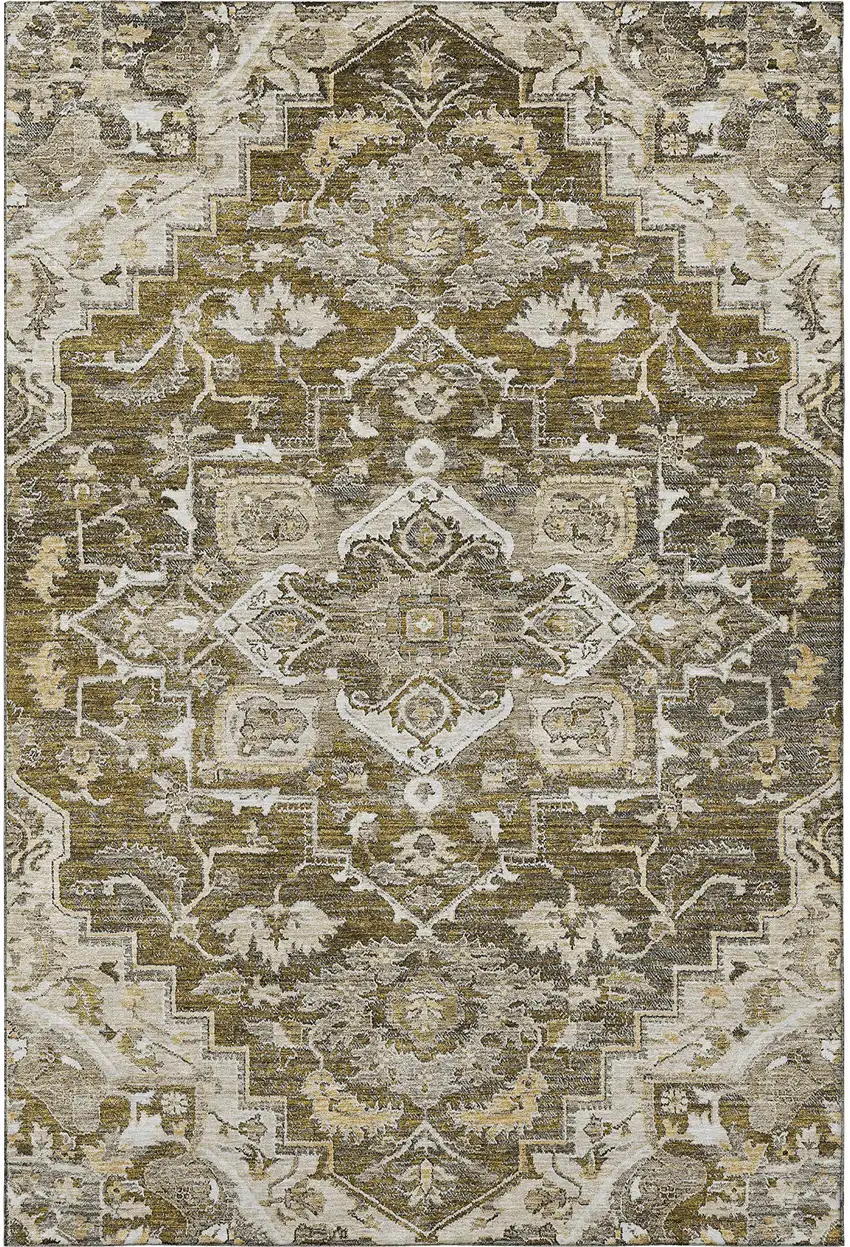 Brown Ivory And Taupe Floral Medallion Washable Area Rug With UV Protection Photo 4