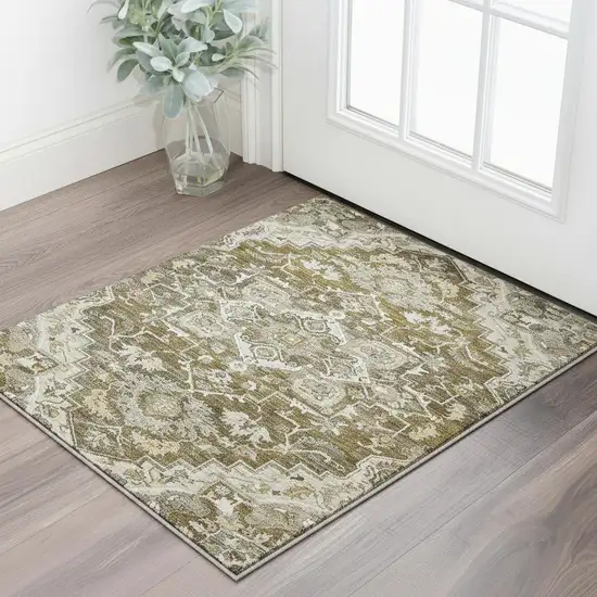 Brown Ivory And Taupe Floral Medallion Washable Area Rug With UV Protection Photo 2