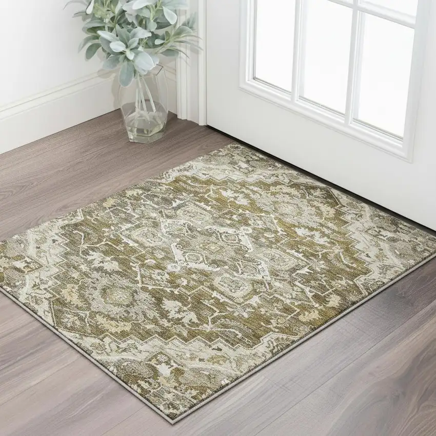 Brown Ivory And Taupe Floral Medallion Washable Area Rug With UV Protection Photo 2