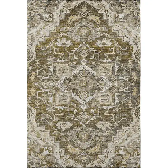Brown Ivory And Taupe Floral Medallion Washable Area Rug With UV Protection Photo 4