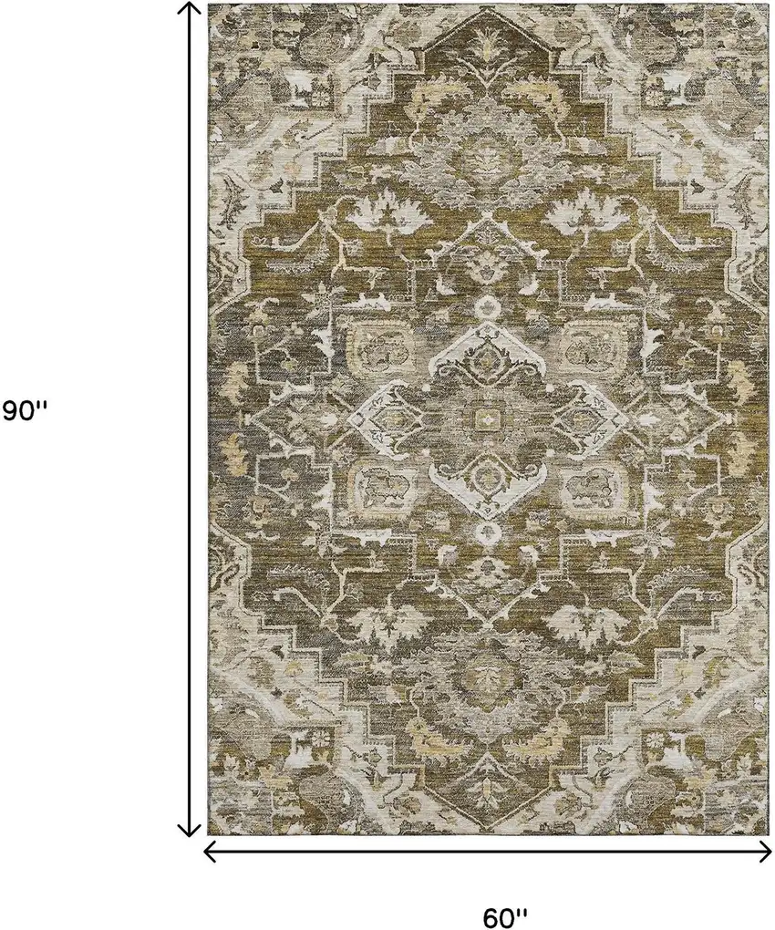 Brown Ivory And Taupe Floral Medallion Washable Area Rug With UV Protection Photo 3