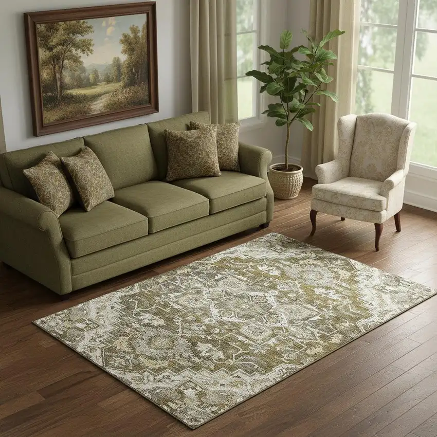 Brown Ivory And Taupe Floral Medallion Washable Area Rug With UV Protection Photo 1