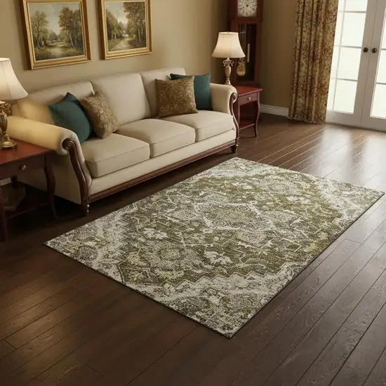 Brown Ivory And Taupe Floral Medallion Washable Area Rug With UV Protection Photo 2