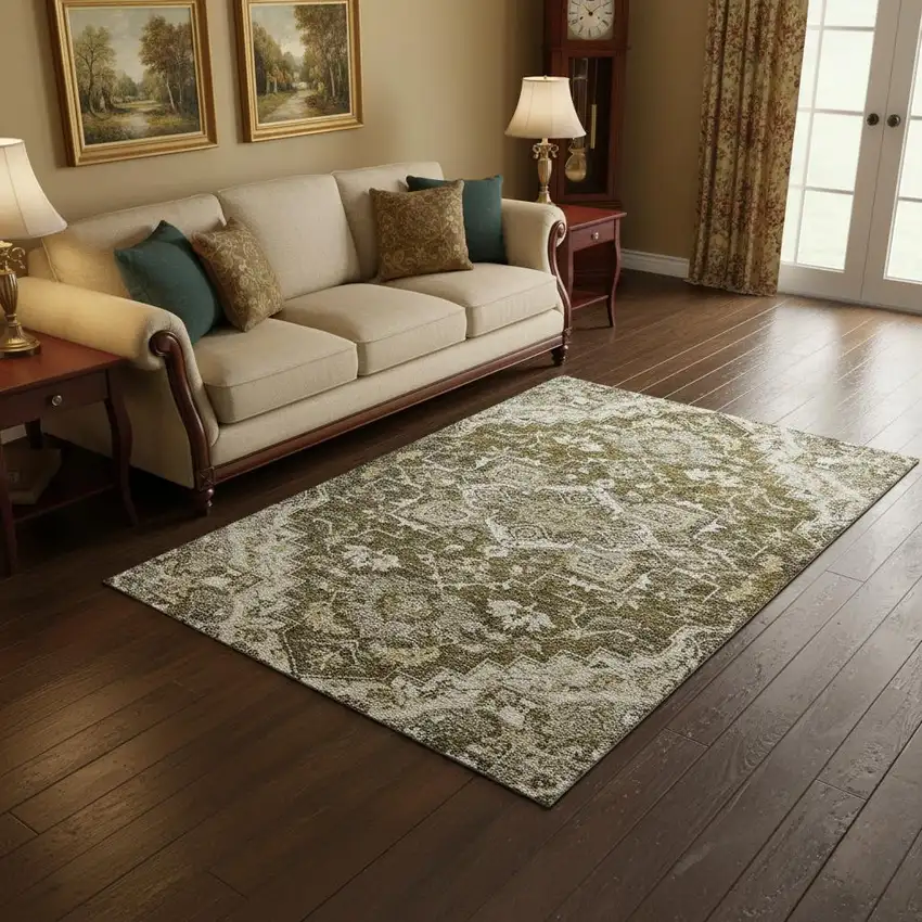 Brown Ivory And Taupe Floral Medallion Washable Area Rug With UV Protection Photo 2