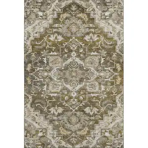 Photo of Brown Ivory And Taupe Floral Medallion Washable Area Rug With UV Protection