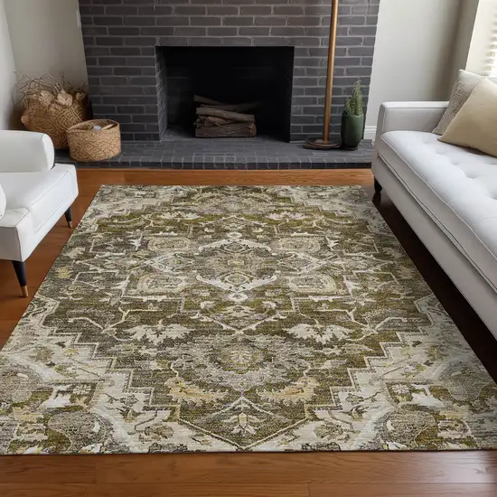 Brown Ivory And Taupe Floral Medallion Washable Area Rug With UV Protection Photo 5