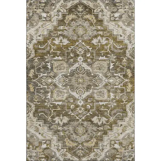 Brown Ivory And Taupe Floral Medallion Washable Area Rug With UV Protection Photo 1