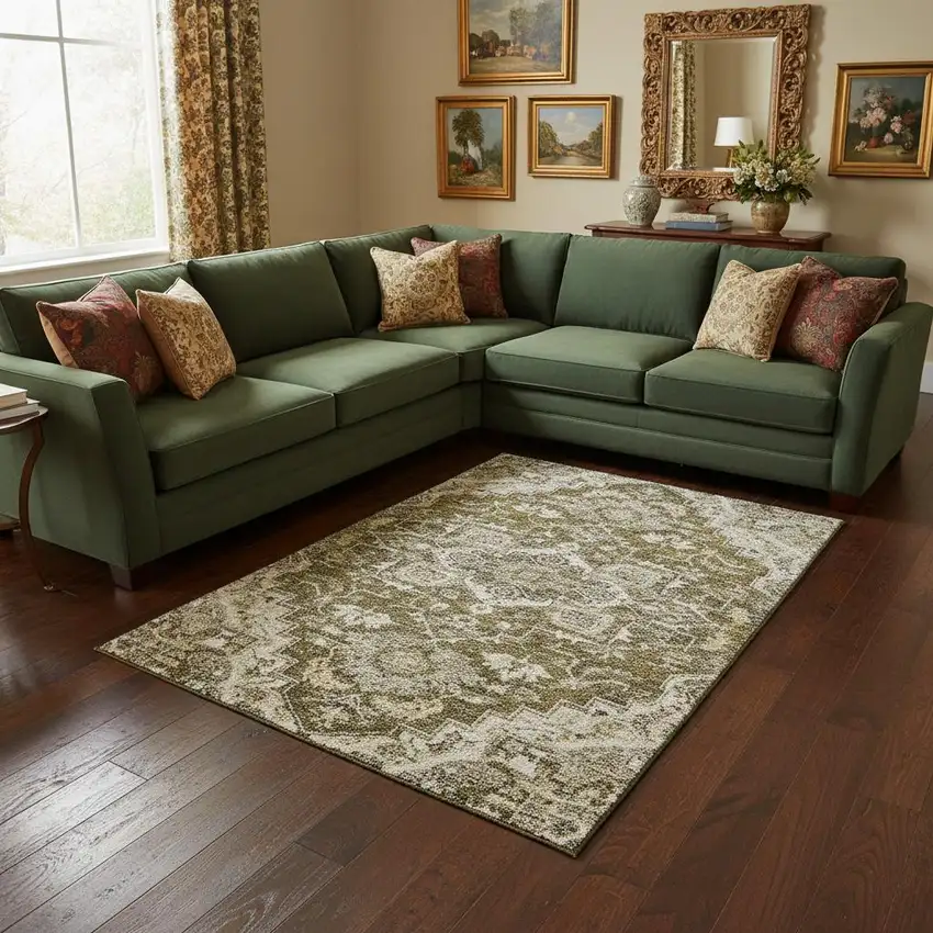 Brown Ivory And Taupe Floral Medallion Washable Area Rug With UV Protection Photo 2