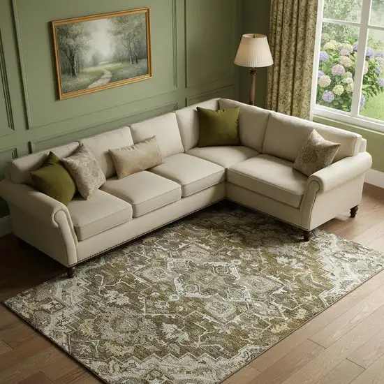 Brown Ivory And Taupe Floral Medallion Washable Area Rug With UV Protection Photo 1