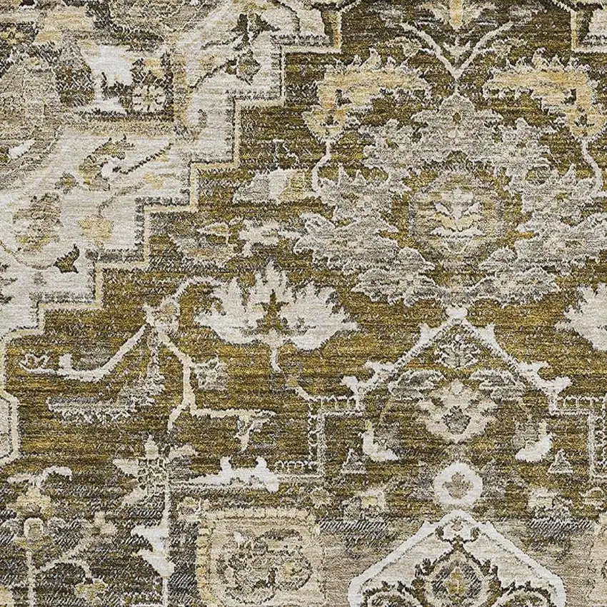 Brown Ivory And Taupe Floral Medallion Washable Area Rug With UV Protection Photo 3