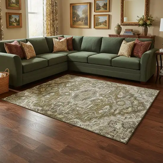 Brown Ivory And Taupe Floral Medallion Washable Area Rug With UV Protection Photo 2