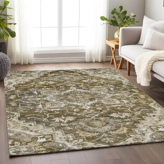 Brown Ivory And Taupe Floral Medallion Washable Area Rug With UV Protection Photo 6