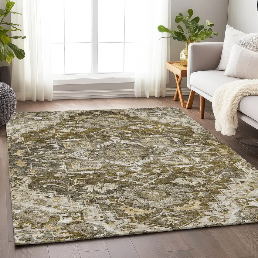 Brown Ivory And Taupe Floral Medallion Washable Area Rug With UV Protection Photo 6
