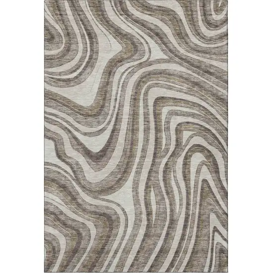 Brown Ivory And Taupe Marble Washable Area Rug With UV Protection Photo 4