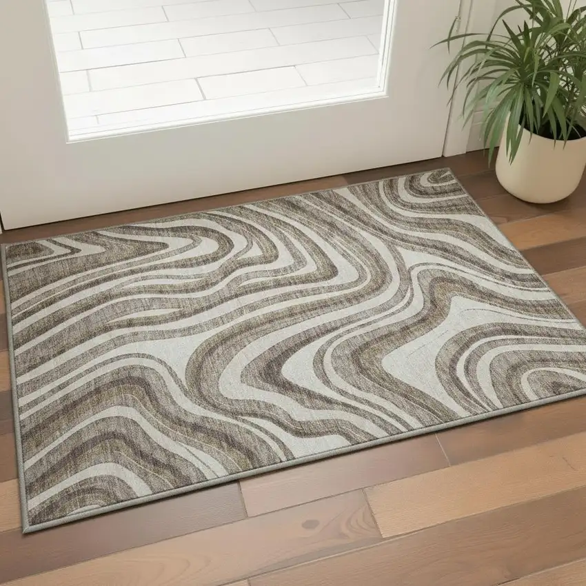 Brown Ivory And Taupe Marble Washable Area Rug With UV Protection Photo 2