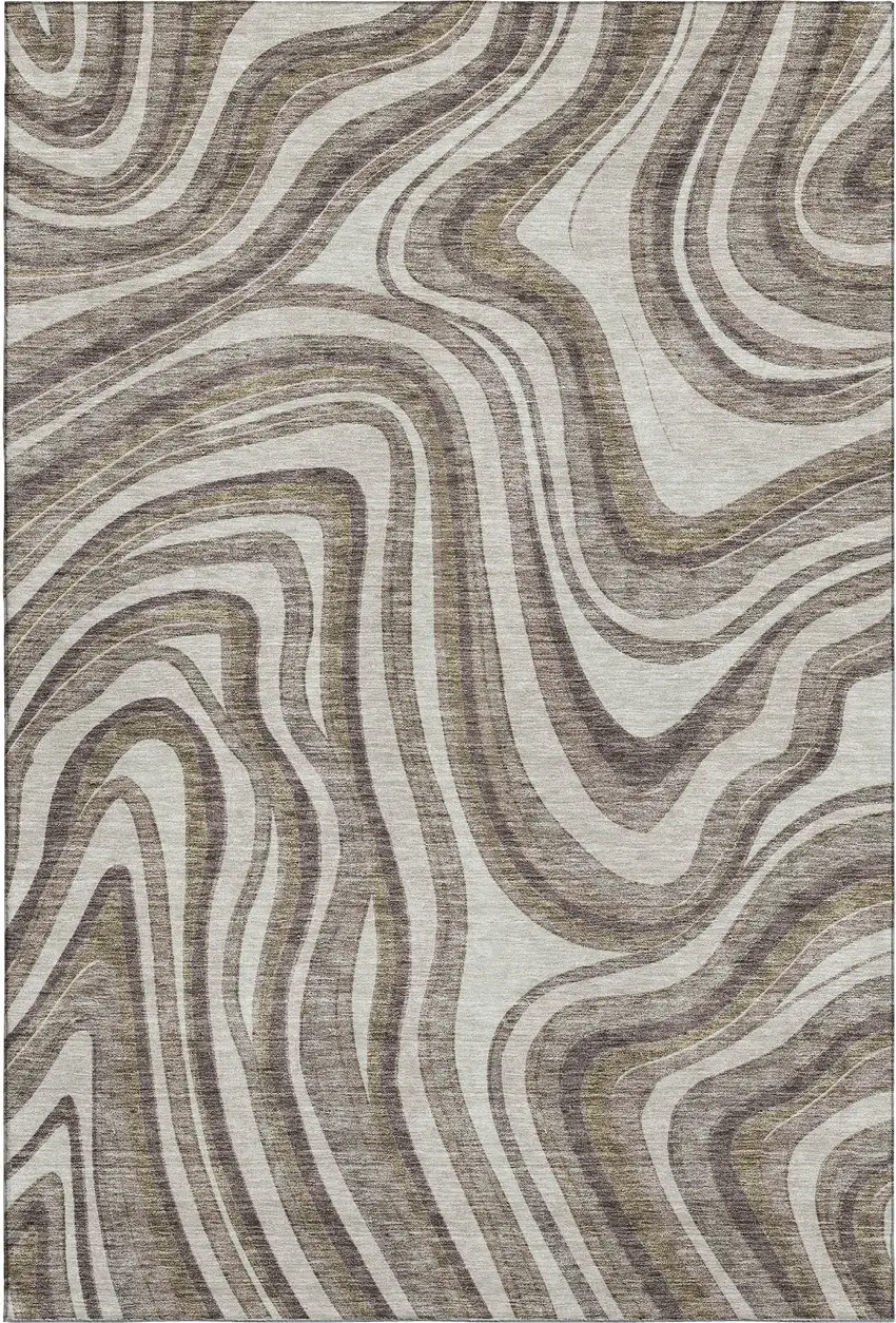 Brown Ivory And Taupe Marble Washable Area Rug With UV Protection Photo 1
