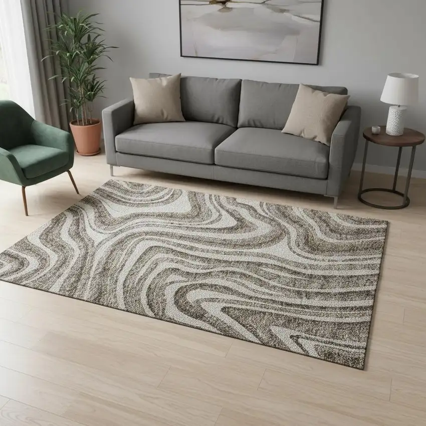 Brown Ivory And Taupe Marble Washable Area Rug With UV Protection Photo 2