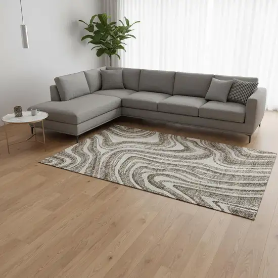 Brown Ivory And Taupe Marble Washable Area Rug With UV Protection Photo 2