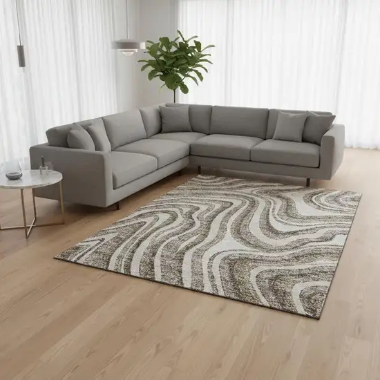 Brown Ivory And Taupe Marble Washable Area Rug With UV Protection Photo 2