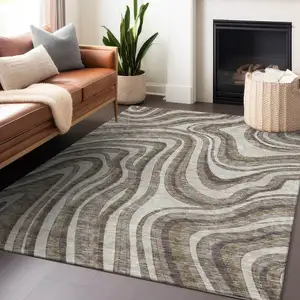 Photo of Brown Ivory And Taupe Marble Washable Area Rug With UV Protection