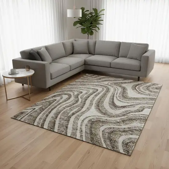 Brown Ivory And Taupe Marble Washable Area Rug With UV Protection Photo 2