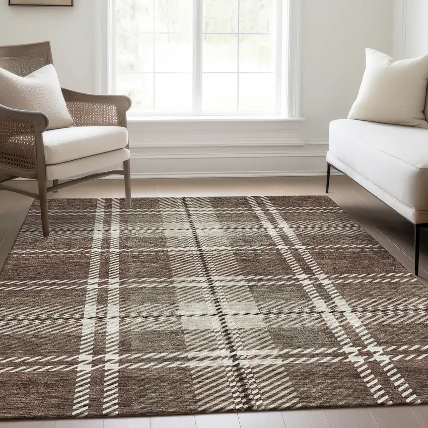 Brown Ivory And Taupe Plaid Washable Area Rug With UV Protection Photo 5