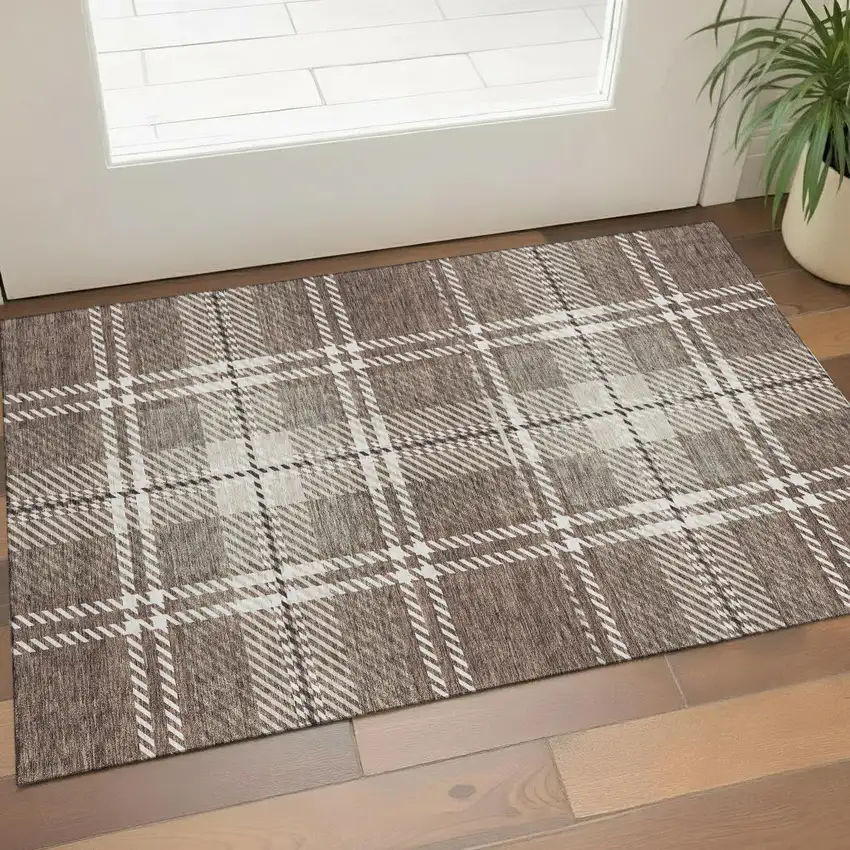 Brown Ivory And Taupe Plaid Washable Area Rug With UV Protection Photo 1
