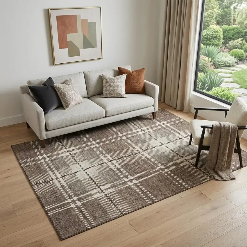 Brown Ivory And Taupe Plaid Washable Area Rug With UV Protection Photo 1