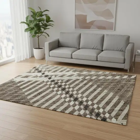 Brown Ivory And Taupe Plaid Washable Area Rug With UV Protection Photo 2