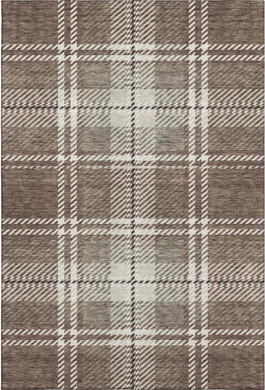 Brown Ivory And Taupe Plaid Washable Area Rug With UV Protection Photo 6