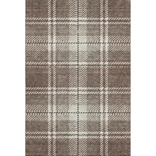 Brown Ivory And Taupe Plaid Washable Area Rug With UV Protection Photo 6