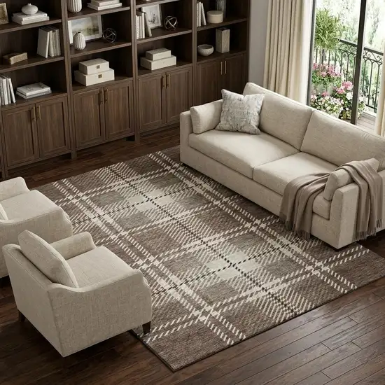 Brown Ivory And Taupe Plaid Washable Area Rug With UV Protection Photo 1