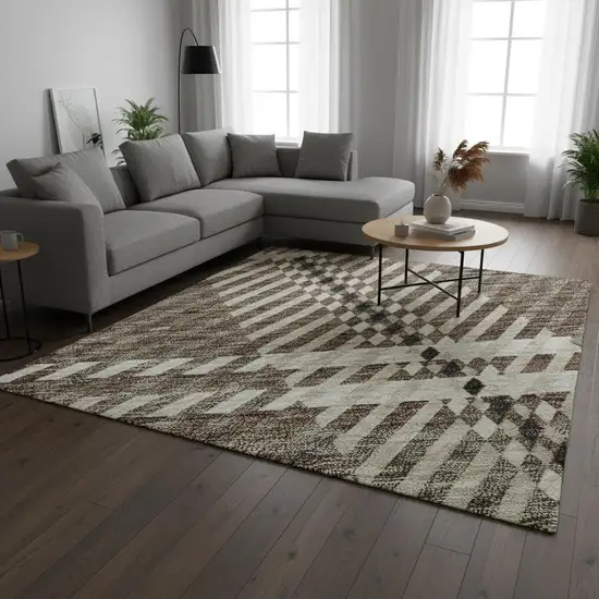 Brown Ivory And Taupe Plaid Washable Area Rug With UV Protection Photo 2