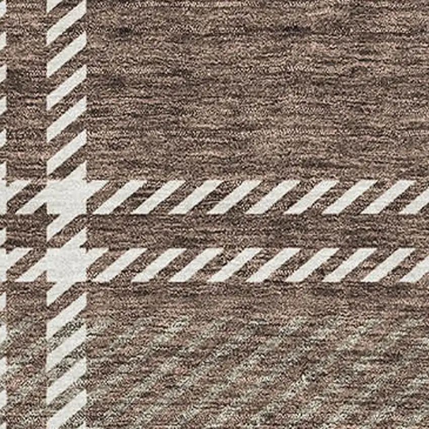Brown Ivory And Taupe Plaid Washable Area Rug With UV Protection Photo 3