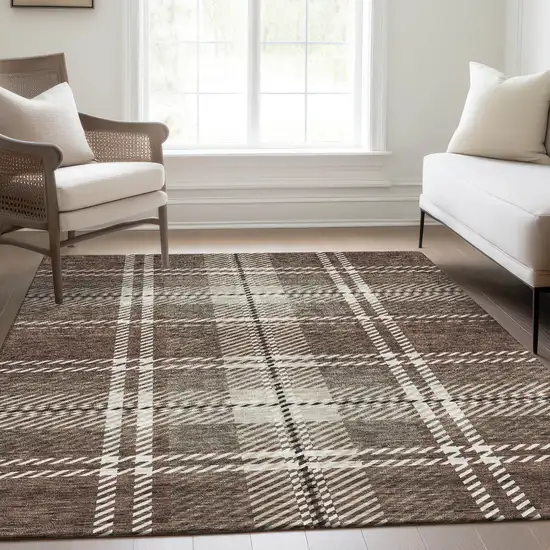 Brown Ivory And Taupe Plaid Washable Area Rug With UV Protection Photo 5
