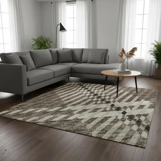 Brown Ivory And Taupe Plaid Washable Area Rug With UV Protection Photo 2