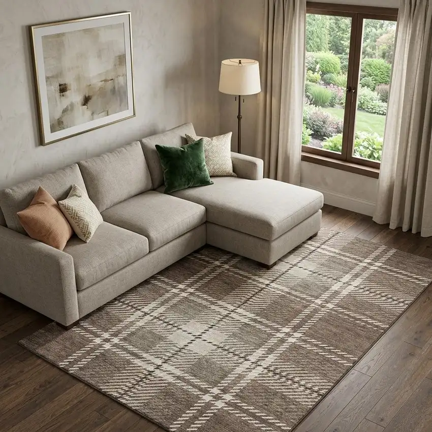 Brown Ivory And Taupe Plaid Washable Area Rug With UV Protection Photo 1