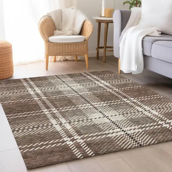 Brown Ivory And Taupe Plaid Washable Area Rug With UV Protection Photo 4