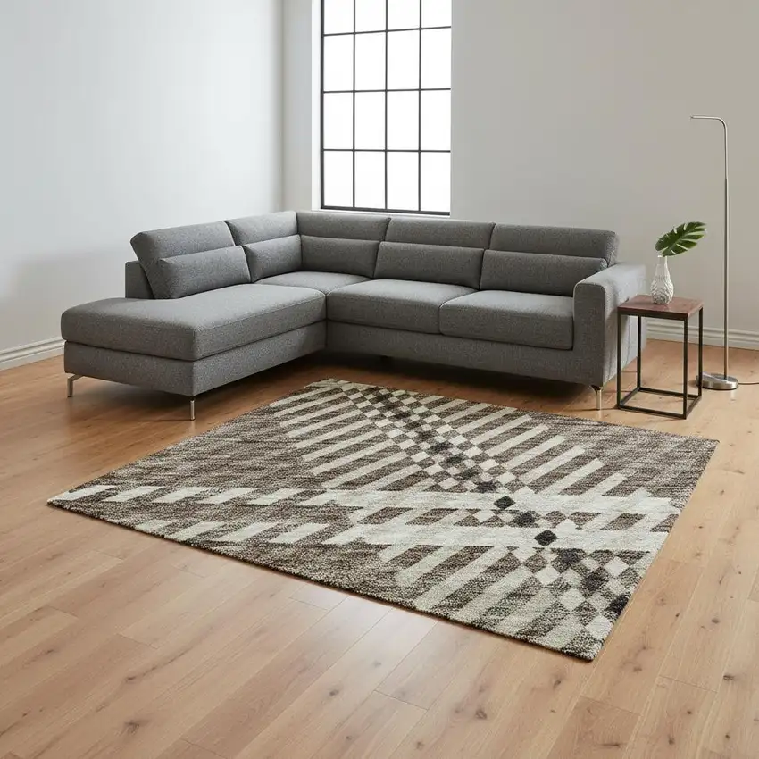 Brown Ivory And Taupe Plaid Washable Area Rug With UV Protection Photo 2