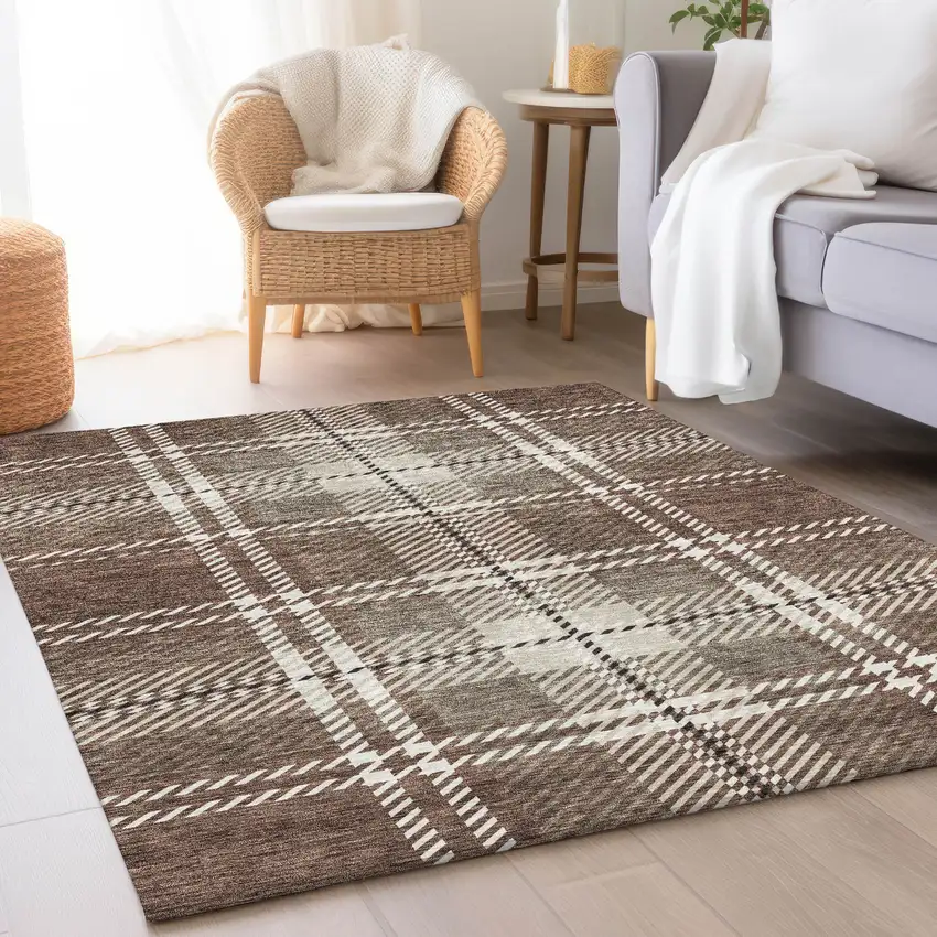Brown Ivory And Taupe Plaid Washable Area Rug With UV Protection Photo 4