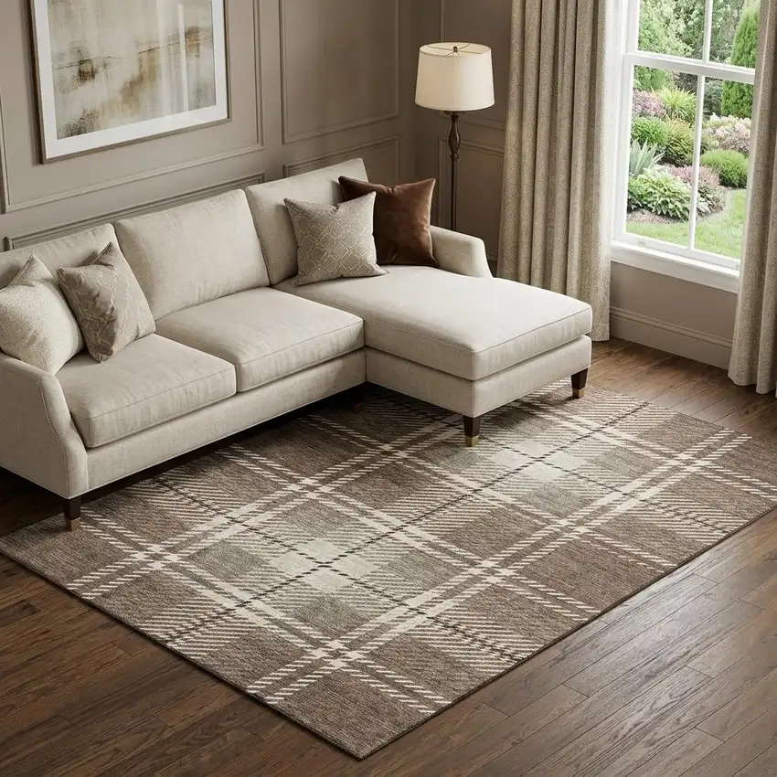 Brown Ivory And Taupe Plaid Washable Area Rug With UV Protection Photo 2