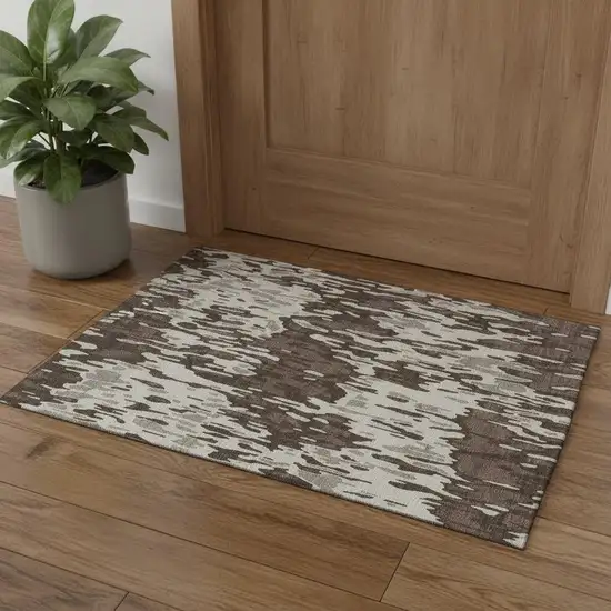 Brown Ivory And Taupe Striped Washable Area Rug With UV Protection Photo 1