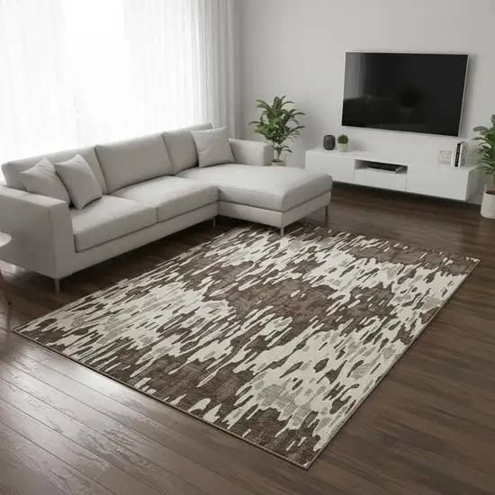 Brown Ivory And Taupe Striped Washable Area Rug With UV Protection Photo 2