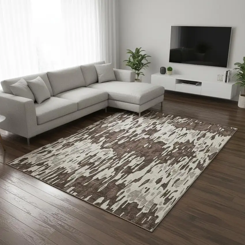 Brown Ivory And Taupe Striped Washable Area Rug With UV Protection Photo 2