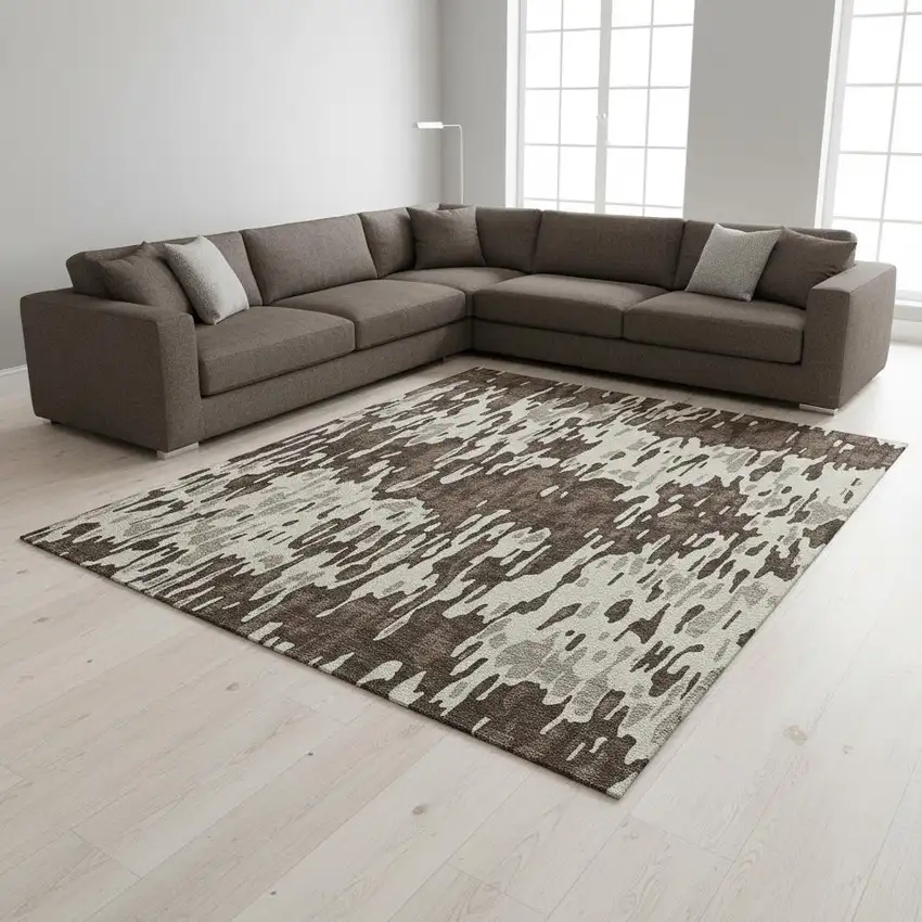 Brown Ivory And Taupe Striped Washable Area Rug With UV Protection Photo 2