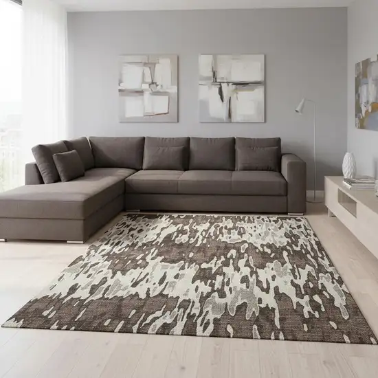 Brown Ivory And Taupe Striped Washable Area Rug With UV Protection Photo 2