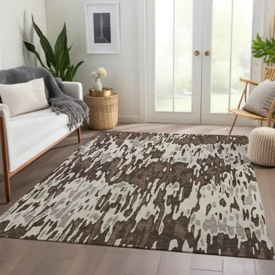 Brown Ivory And Taupe Striped Washable Area Rug With UV Protection Photo 5